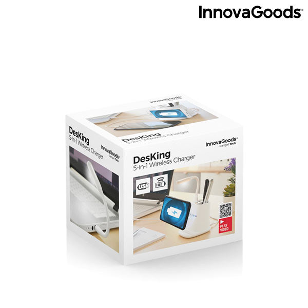 InnovaGoods - Cargador inalámbrico con soporte-organizador y Lámpara LED USB 5 en 1 DesKing