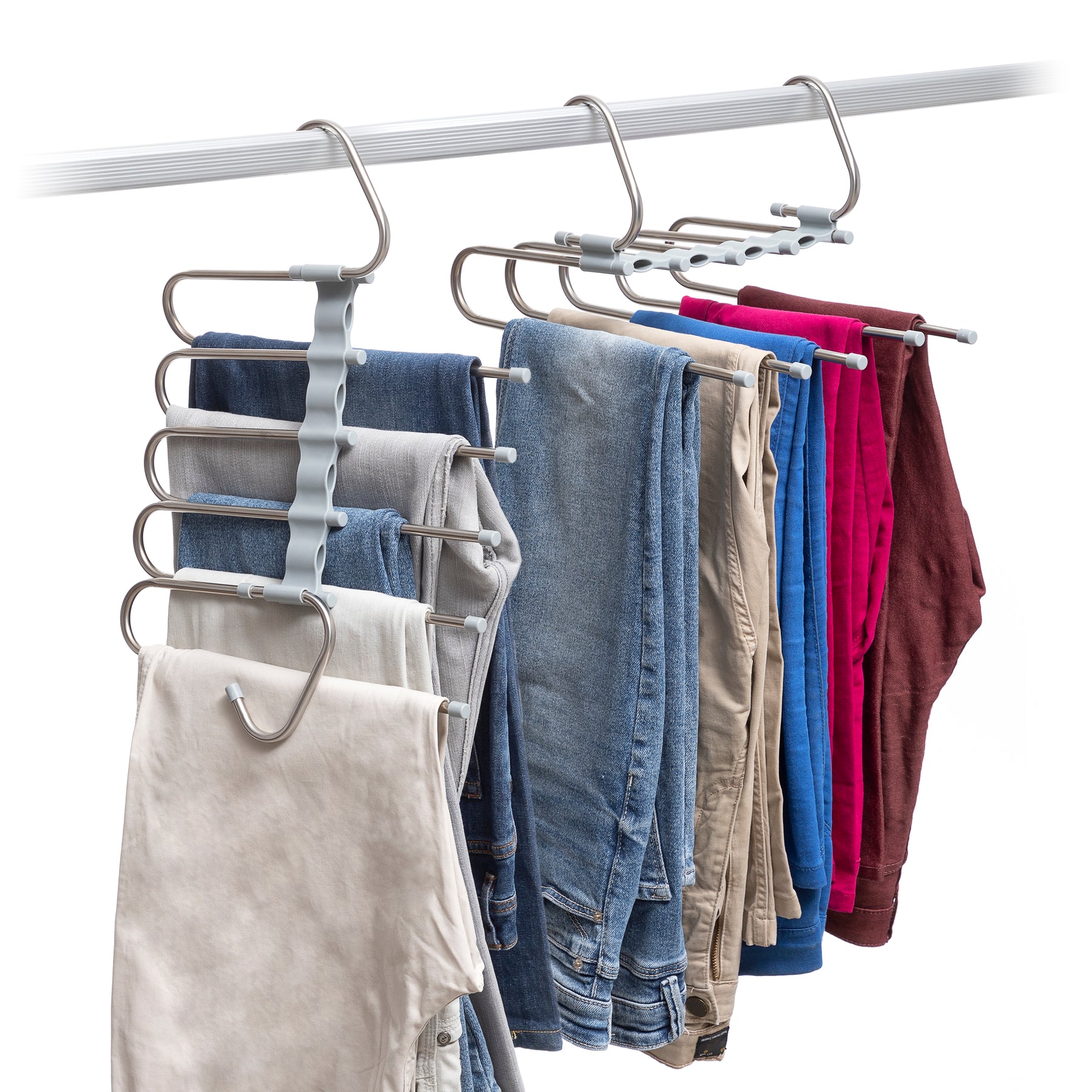Amazon.com: 3 Quality Multi Pants Hangers, Space-Saving Multi-Bar Metal Pants  Hangers, Stable with Non-Slip Foam Padding, Swivel Hook for 5 Jeans Each,  Suit Pants, Scarves, Towels, Trousers (Skirt, 3) : Home &
